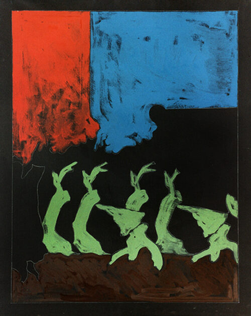 1976 gennaio<br>Particolare dell'Eden<br>pittura industriale, tempera, matita su tela<br>cm 100x80