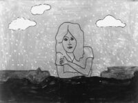 1976 15 ottobre<br>Paesaggio con figura, ad Antonella Amendola<br>pittura industriale, tempera, pennarello su tela<br>cm 50x70