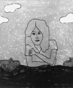 1976 15 ottobre<br>Paesaggio con figura, ad Antonella Amendola<br>pittura industriale, tempera, pennarello su tela<br>cm 50x70