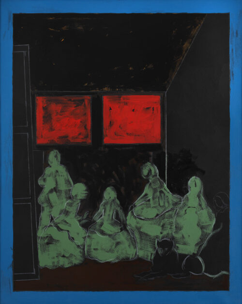 1976<br>Da Velasquez Las Meninas<br>pittura industriale, tempera, matita su tela<br>cm 100x80