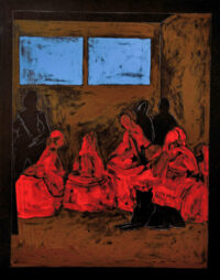 1976 gennaio<br>Cortina d'Ampezzo<br>Gruppo di famiglia<br>pittura industriale, tempera, matita su tela<br>cm 100x80