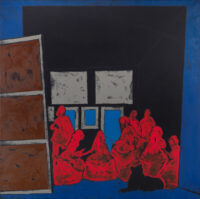 1976<br>Da Velasquez<br>pittura industriale, tempera, matita su tela<br>cm 100x100