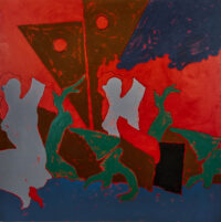 1976<br>Dalla Cappella Sistina, Particolare del Peccato Originale<br>pittura industriale, tempera, pennarello su tela<br>cm 100x100