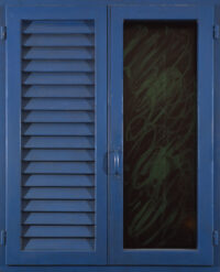 1977<br>' Persiana senza battente '<br>smalto industriale, tempera, anta di persiana, anta con maniglia, cardini, telaio di legno su tavola<br>cm 100x80x4,5