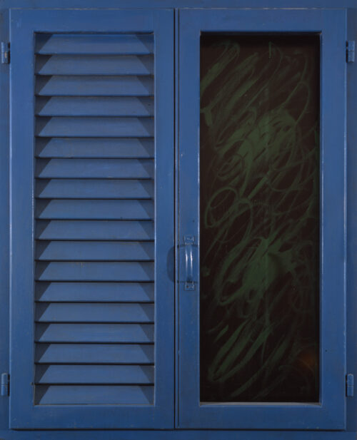 1977<br>' Persiana senza battente '<br>smalto industriale, tempera, anta di persiana, anta con maniglia, cardini, telaio di legno su tavola<br>cm 100x80x4,5