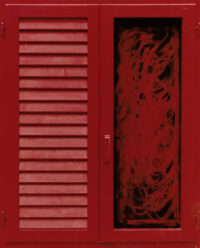 1977<br>' Persiana senza battente '<br>smalto industriale, tempera, anta di persiana, anta con maniglia, cardini, telaio di legno su tavola<br>cm 100x80x4,5