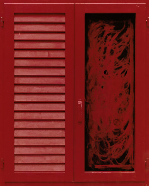 1977<br>' Persiana senza battente '<br>smalto industriale, tempera, anta di persiana, anta con maniglia, cardini, telaio di legno su tavola<br>cm 100x80x4,5