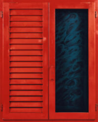 1977<br>' Persiana senza battente '<br>smalto industriale, tempera, anta di persiana, anta con maniglia, cardini, telaio di legno su tavola<br>cm 100x80x4,5