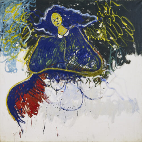 1977 4 maggio Roma<br>A Ascanio Polchetti<br>colori ad olio, tempera, pennarello su tela<br>cm 150x150