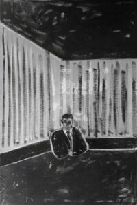 1977 1 maggio<br>al Sig. Aldo Moro, Gaetano Massimo Lancellotti<br>pittura industriale, tempera, pennarello su tela<br>cm 100x70