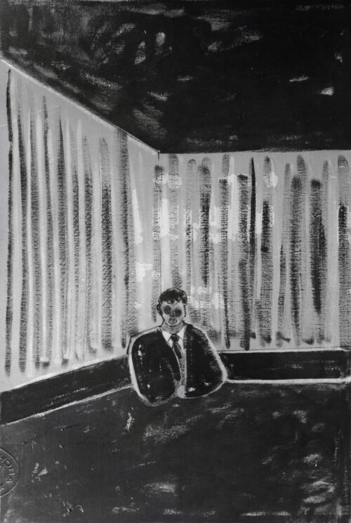 1977 1 maggio<br>al Sig. Aldo Moro, Gaetano Massimo Lancellotti<br>pittura industriale, tempera, pennarello su tela<br>cm 100x70