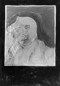 1977 21 luglio<br>Maldido<br>tempera e pennarello su tela<br>cm 70x50