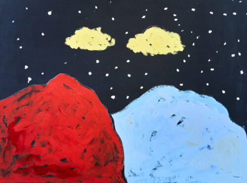 1977<br>La Montagna Incantata <br>pittura industriale, tempera, matita su tavola<br>cm 90x115