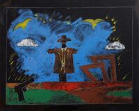 1977 17 agosto Roma<br>Il suicidio di Van Gogh<br>pittura industriale, tempera, matita su tela<br>cm 80x100