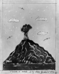 1977<br>L'Oracolo di Delphi, al Sig. Valery Giscard d'Estaing<br>pittura industriale, tempera, pennarello su tela<br>cm 100x80