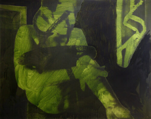 1977<br>tempera, smalto alla anilina, fotografia emulsionata su tela<br>cm 80x100