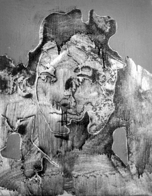 1977<br>pittura industriale, smalto alla anilina, negativo fotografico emulsionato su tela<br>cm 70x50