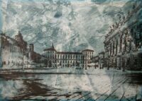 1977<br>Piazza d'Italia<br>smalto alla anilina, fotografia emulsionata su tela<br>cm 50x70