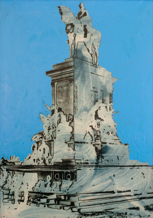 1977<br>' Monumento '<br>pittura industriale, smalto alla anilina, fotografia emulsionata su tela<br>cm 70x50