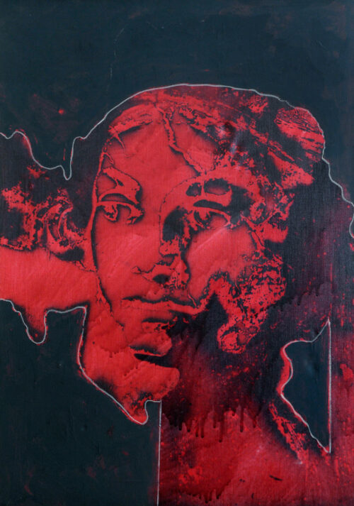 1977 8 dicembre<br>Dal ciclo 'il grande plagio' tavola n.6<br>pittura industriale, smalto alla anilina, matita, fotografia emulsionata su tela<br>cm 70x50