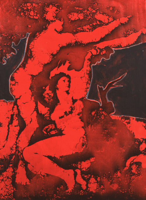 1977<br>Dal peccato originale<br>pittura industriale, smalto alla anilina ,matita, fotografia emulsionata su tela<br>cm 70x50