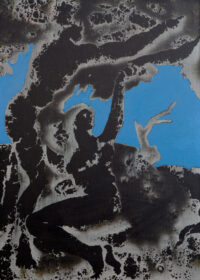 1977 7 dicembre<br>Dal ciclo 'il grande plagio' tavola n.1A<br>pittura industriale, matita, negativo fotografico emulsionato su tela<br>cm 70x50