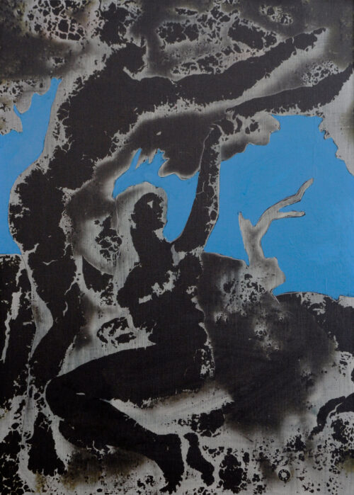 1977 7 dicembre<br>Dal ciclo 'il grande plagio' tavola n.1A<br>pittura industriale, matita, negativo fotografico emulsionato su tela<br>cm 70x50