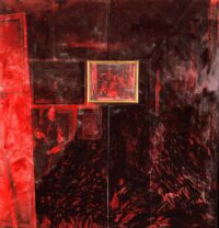 1978<br>Las meninas<br>pittura industriale, smalto alla anilina, matita, fotografia emulsionata,piccola tela con cornice su dittico di tele<br>cm 230x200