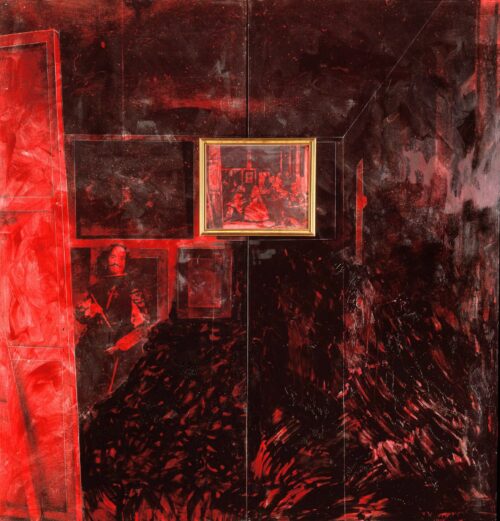 1978<br>Las meninas<br>pittura industriale, smalto alla anilina, matita, fotografia emulsionata,piccola tela con cornice su dittico di tele<br>cm 230x200