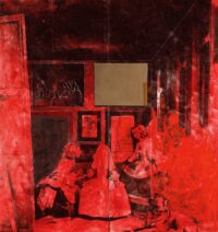 1978<br>Las meninas<br>pittura industriale, smalto alla anilina, matita, fotografia emulsionata, piccolo specchio su dittico di tele<br>cm 230x200