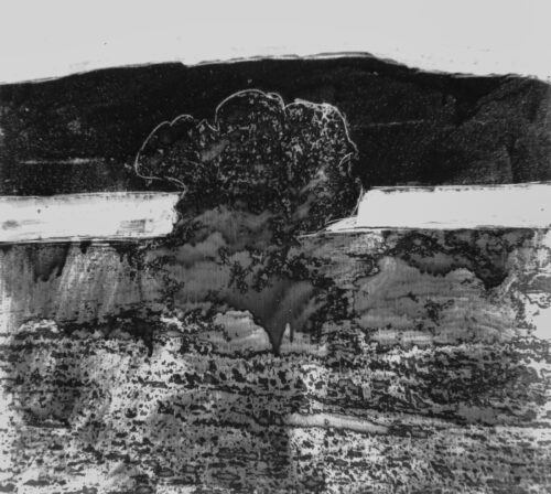 1978<br>Al livello del mare<br>pittura industriale, smalto alla anilina, matita, negativo fotografico emulsionato su tela<br>cm 60x50