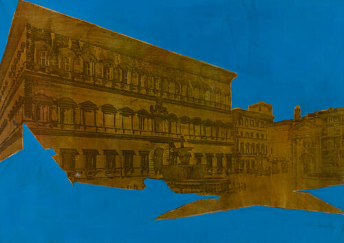 1978<br>Piazza d'Italia<br>pittura industriale, smalto alla anilina, fotografia emulsionata su tela<br>cm 50x70