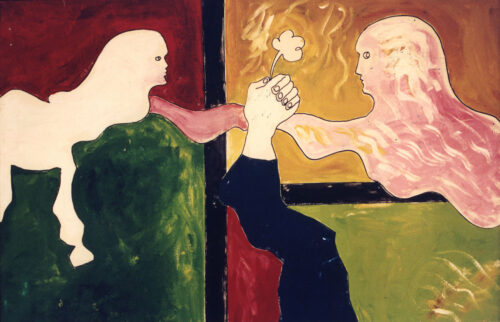 1978<br>Due figure<br>tempera e pennarello su tela<br>cm 80x120