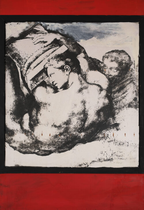 1979<br>La zattera della Medusa<br>collage fotografico, pittura industriale, collage di legno su tavola<br>cm 175x120