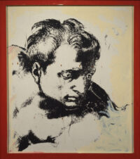 1979<br>Testa di ignudo<br>collage fotografico, pittura industriale, collage di legno su tavola<br>cm 150x120