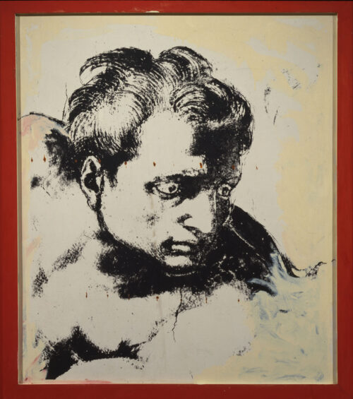 1979<br>Testa di ignudo<br>collage fotografico, pittura industriale, collage di legno su tavola<br>cm 150x120