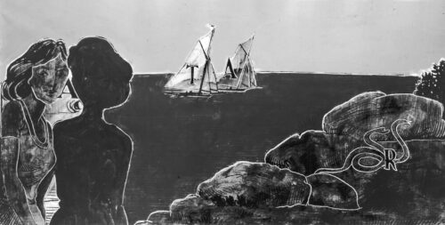 1979<br>pittura industriale, smalto alla anilina, fotografia emulsionata su tela<br>cm 55x110