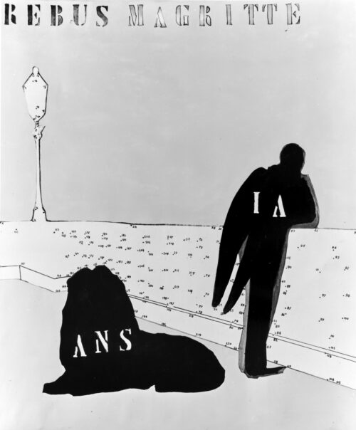 1979<br>Rebus Magritte<br>pittura industriale, pennarello, fotografia emulsionata su tela<br>cm 100x80
