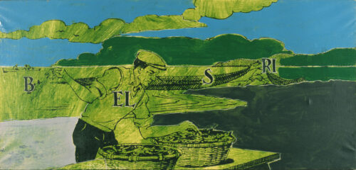 1979<br>pittura industriale, tempera, smalto alla anilina, fotografia emulsionata su tela<br>cm 55x115