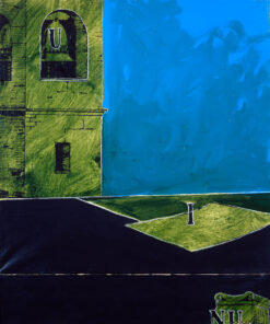 1979<br>Rebus U I<br>pittura industriale, tempera, smalto alla anilina, fotografia emulsionata su tela<br>cm 55x55