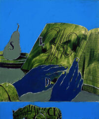 1979<br>Rebus L S D For Susan<br>pittura industriale, tempera, smalto alla anilina, fotografia emulsionata su tela<br>cm 60x60