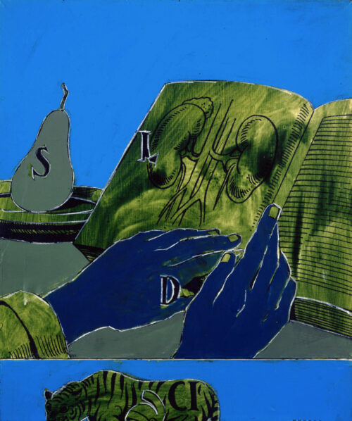 1979<br>Rebus L S D For Susan<br>pittura industriale, tempera, smalto alla anilina, fotografia emulsionata su tela<br>cm 60x60