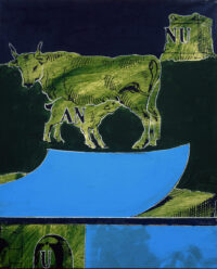 1979<br>Rebus AN NU<br>pittura industriale, tempera, smalto alla anilina, fotografia emulsionata su tela<br>cm 55x55