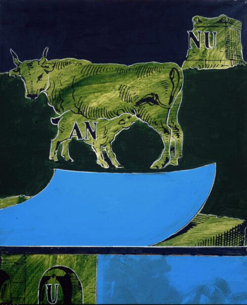 1979<br>Rebus AN NU<br>pittura industriale, tempera, smalto alla anilina, fotografia emulsionata su tela<br>cm 55x55