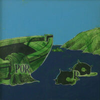 1979<br>Rebus, Porre termine<br>Ulisse mentre fa ritorno a Itaca è minacciato da mine<br>pittura industriale, tempera, smalto alla anilina, fotografia emulsionata su tela<br>cm 55x55