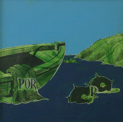 1979<br>Rebus, Porre termine<br>Ulisse mentre fa ritorno a Itaca è minacciato da mine<br>pittura industriale, tempera, smalto alla anilina, fotografia emulsionata su tela<br>cm 55x55