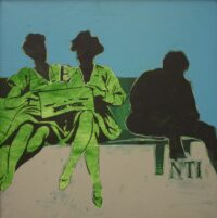 1979<br>Rebus, Elettrici pensanti<br>pittura industriale, tempera, smalto alla anilina, fotografia emulsionata su tela<br>cm 55x55