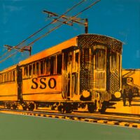 1979<br>Rebus, Vagonesso<br>pittura industriale, tempera, smalto alla anilina, fotografia emulsionata su tela<br>cm 60x60