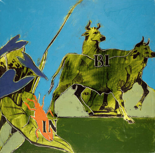 1979<br>Rebus IN BI<br>pittura industriale, tempera, smalto alla anilina, fotografia emulsionata su tela<br>cm 60x60