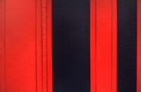 1961<br>Biasule, Rosso e nero n.32<br>smalto industriale e collage di carta e legno su tela<br>cm 100x150